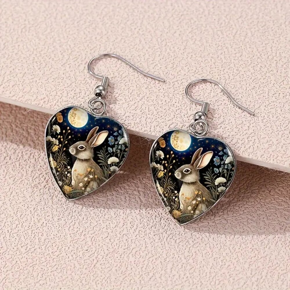 Rabbit Moon Black Heart Shaped Dangle Drop Earrings